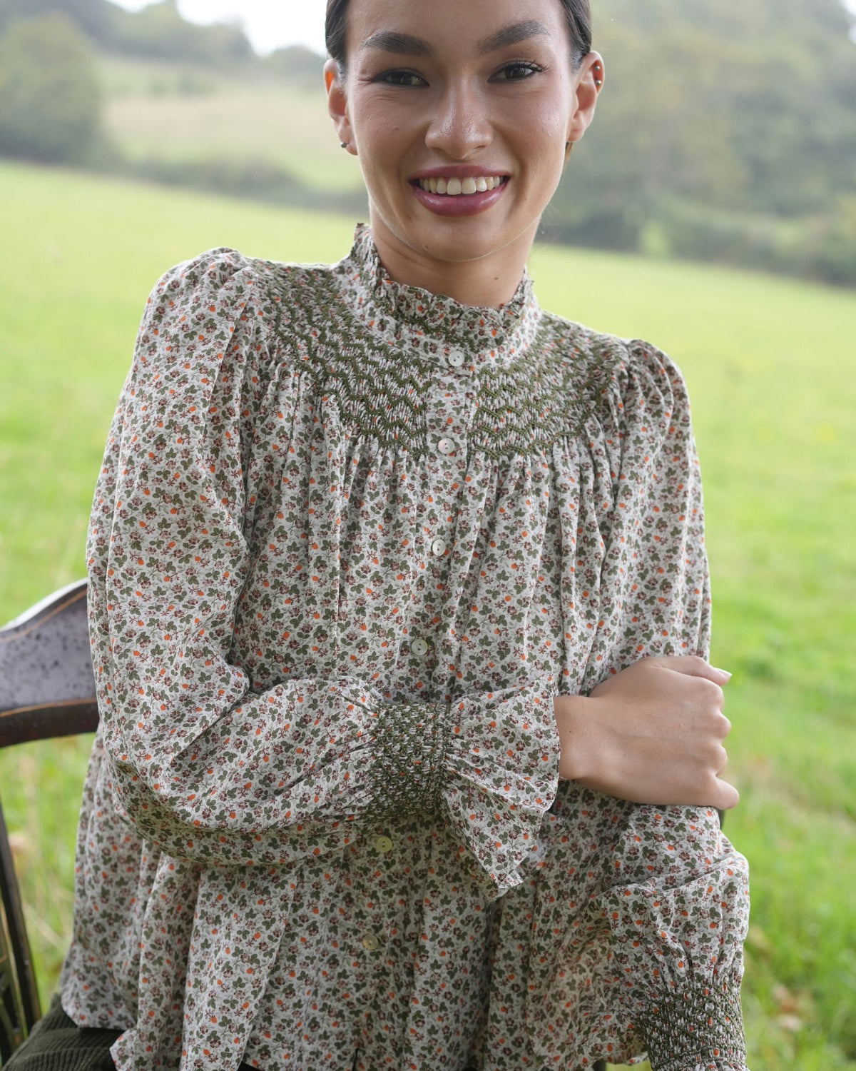 Scholl Blouse Clover Meadow Cotton Lawn with Olive Hand Smocking Edition 79
