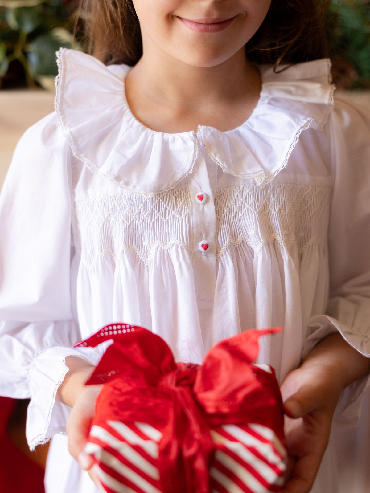 3-4 & 4-6y Nightingale Girl's Dress Moonstone Cotton with Lattice Smocking and Embroidered Heart Buttons