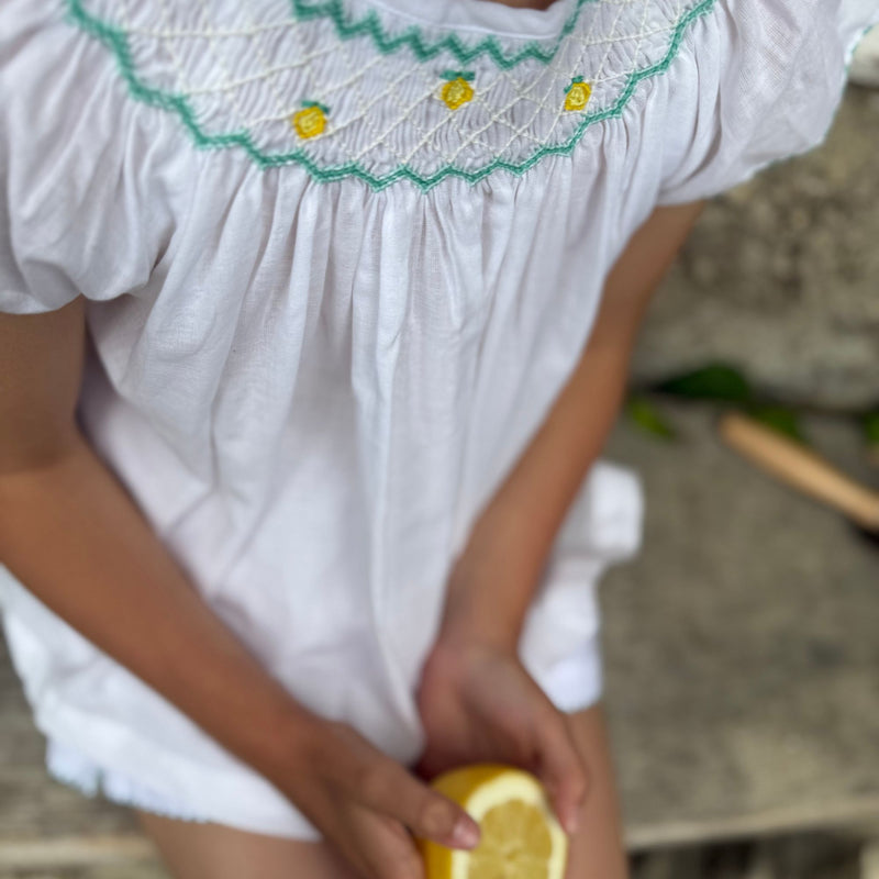 Rosalind Franklin Pyjamas Moonstone Cotton with Lemon Hand Smocking