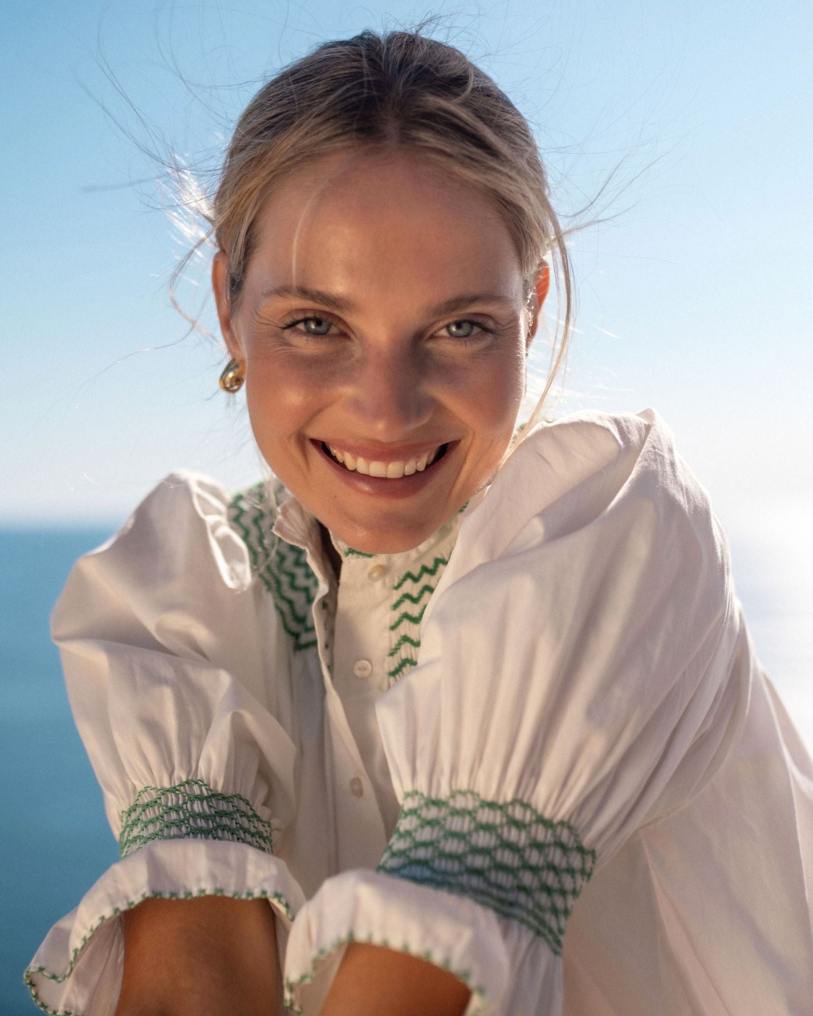 Scholl Women's Summer Blouse White with Green Apple Hand Smocking
