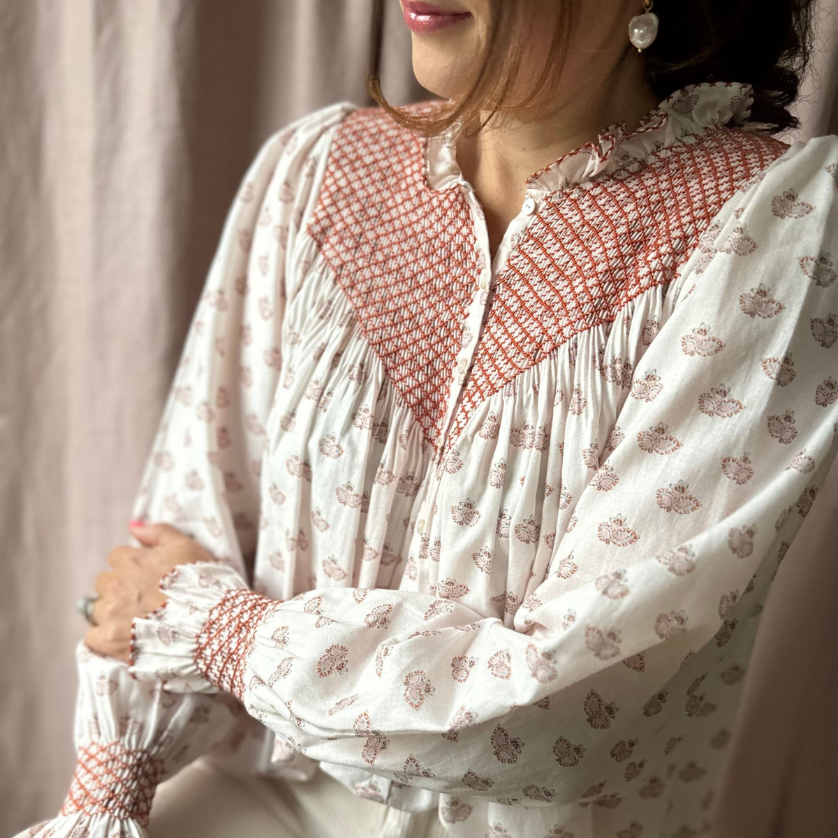 Large Rosa Parks Blouse Terracotta Paisley Brushed Cotton With Butterscotch Smocking Edition 6