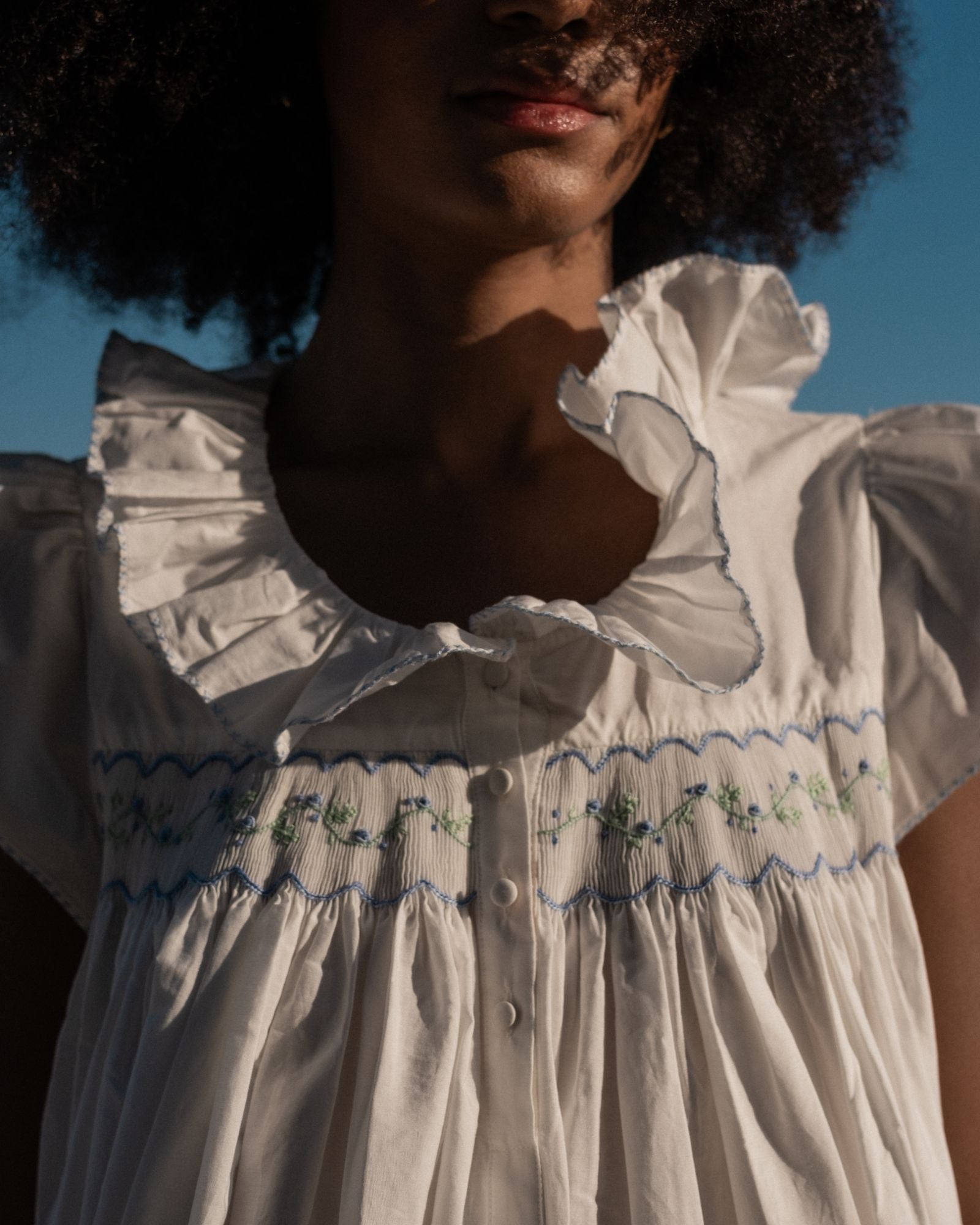 Nightingale Women's Short Sleeve Dress with Blue Blooms Hand Smocking