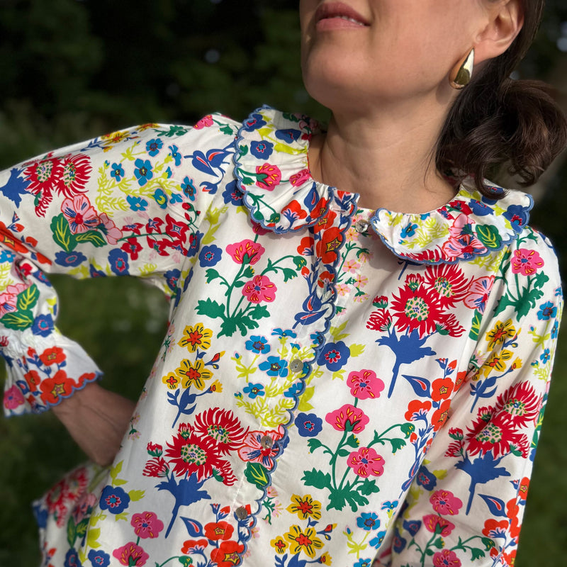 De Beauvoir Blouse Midsummer Flowers with Deep Blue embroidery