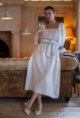 Mulan Dress Hopscotch Linen with Lapis Lazuli Hand Smocking