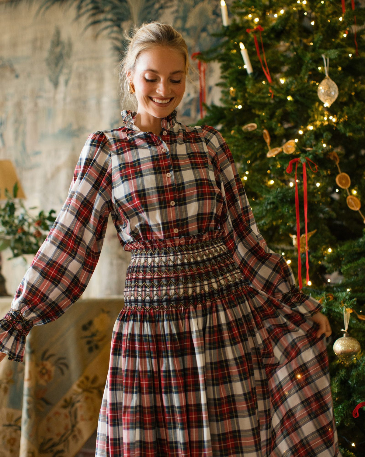 Shelley Blouse Royal Tartan with Black Gold Hand Smocking Edition 33
