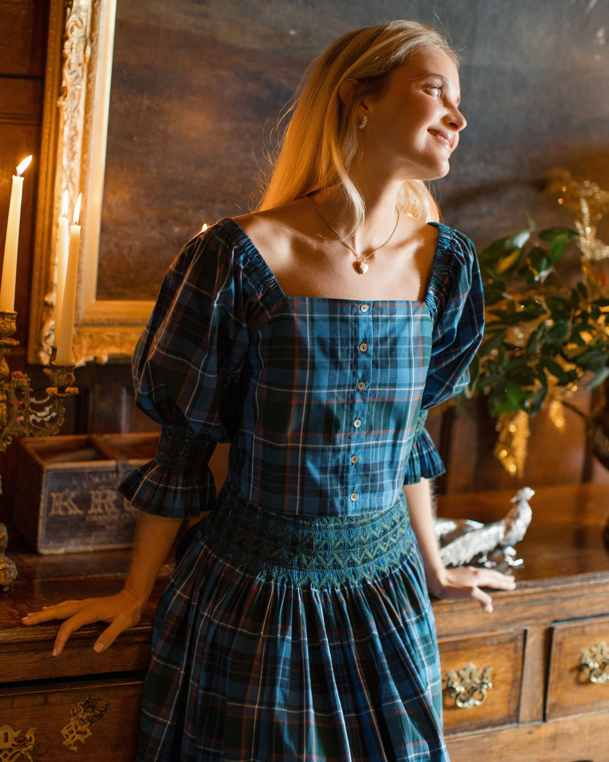 Sappho Blouse St Andrews Tartan with Holly Leaf Hand Smocking