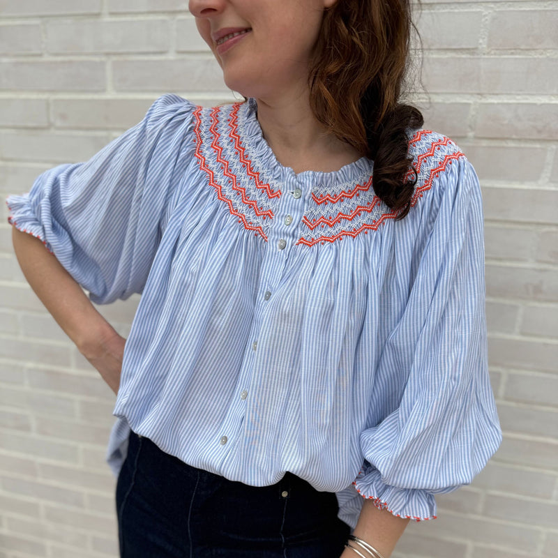 Cleopatra Blouse Summer Skies Cotton with You’ve Been Tango’d Hand Smocking Edition 24