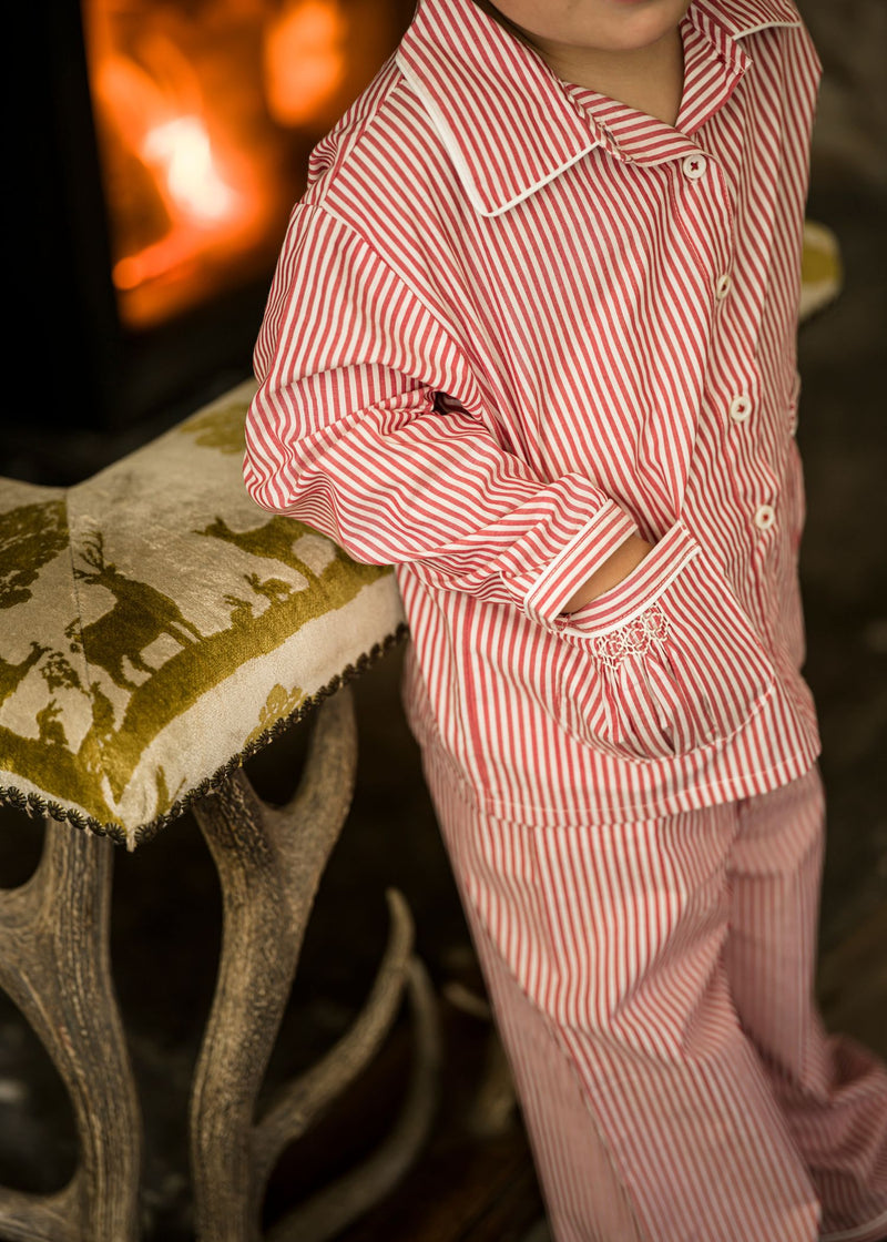 Samantha Varvel x Smock London Lilly Parr Pyjamas Gingerbread Stripes with Snow Trim and Hand Smocking