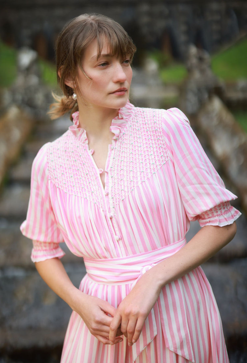 Wu Zetian Dress Pink Chevron Stripe with Peppermint Cream Hand Smocking