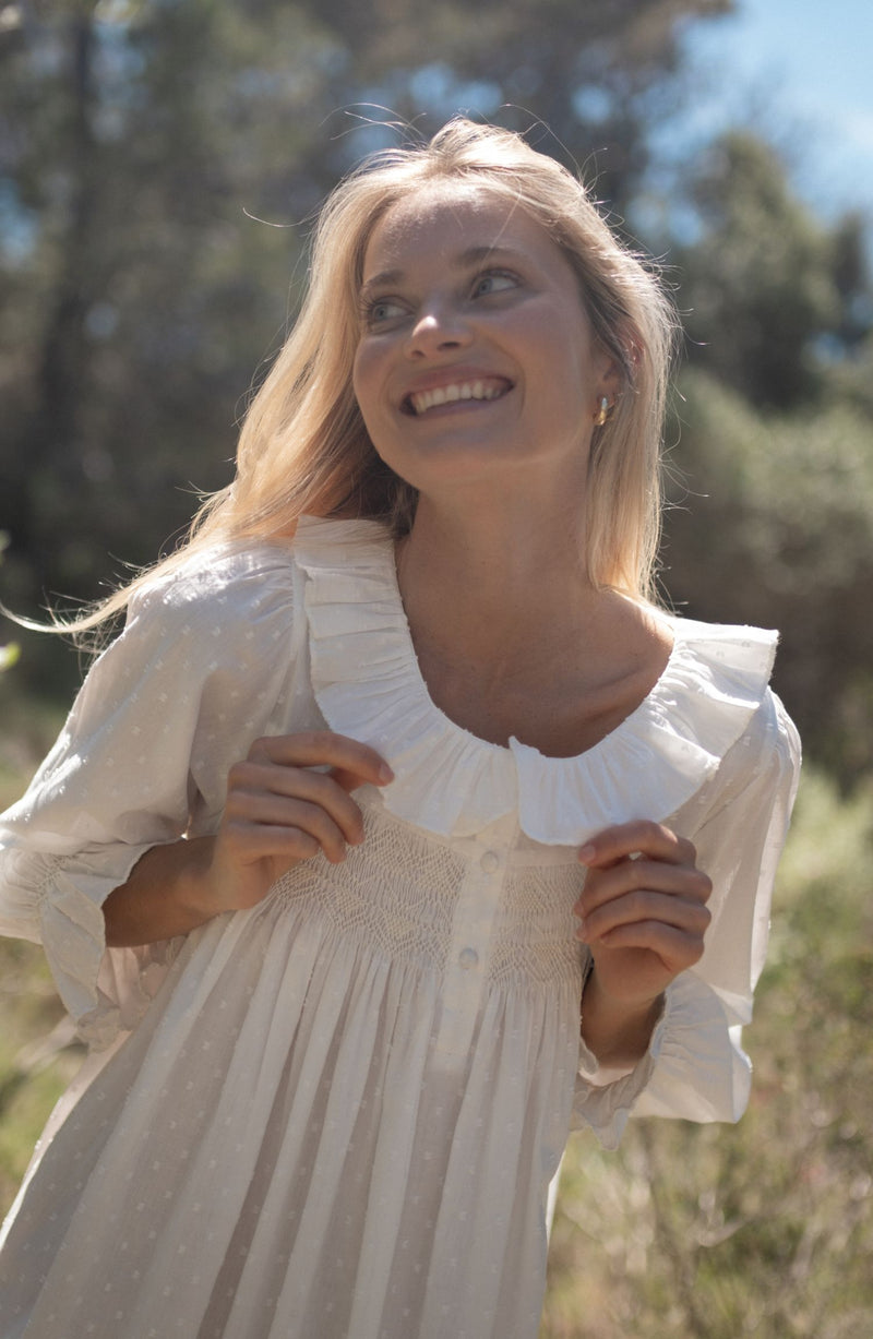 Nightingale Women's Dress Cloud Puff Plumetti with Ivory Hand Smocking