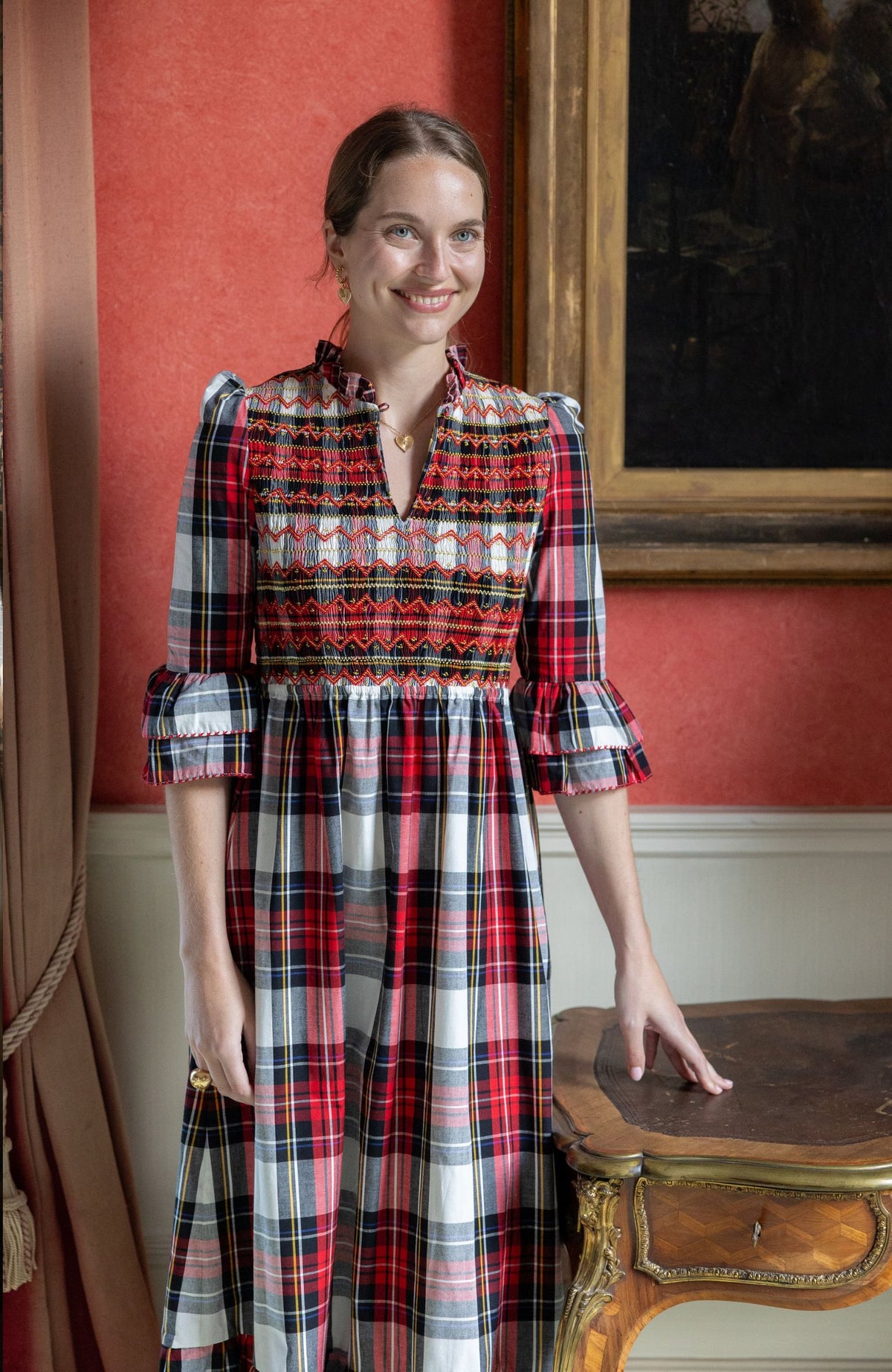 S/M Emmeline Pankhurst Women's Dress Royal Tartan with Sleigh Bell Hand Smocking