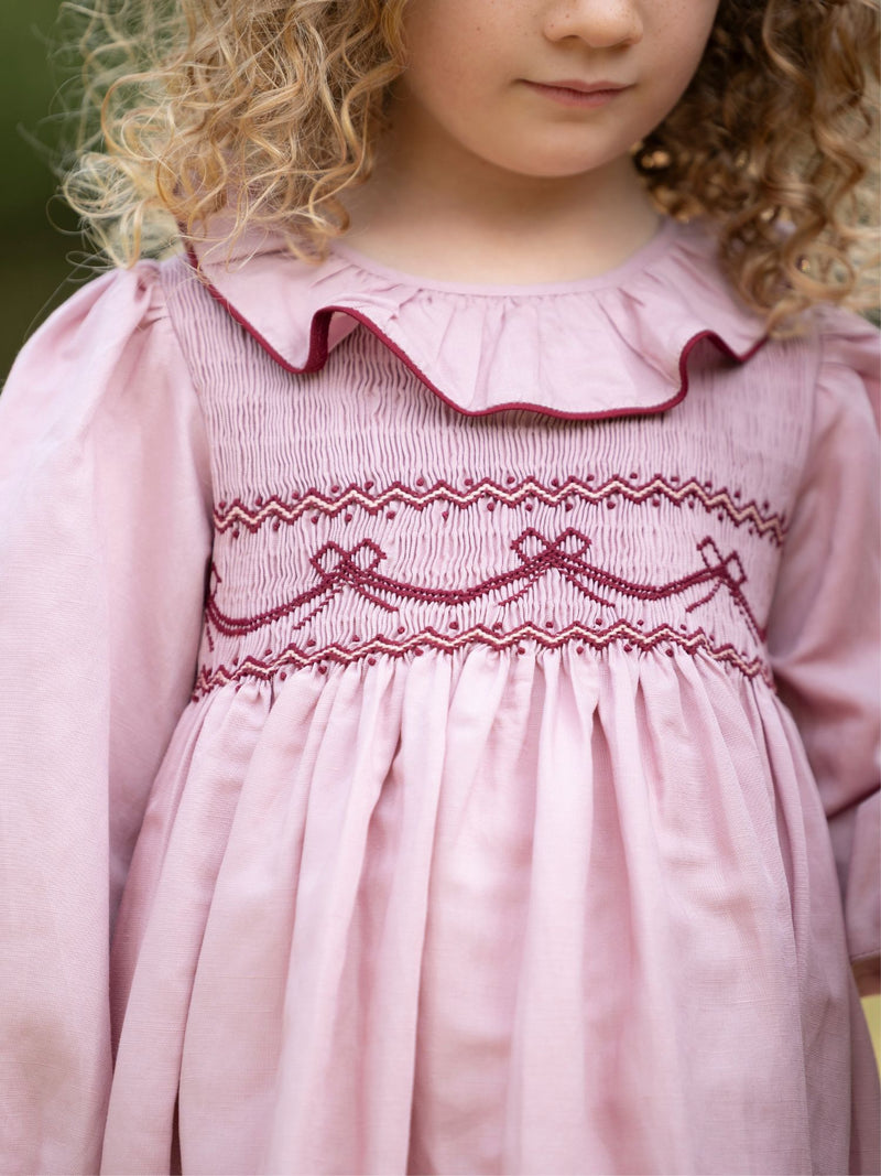 Katherine Johnson Dress Dusty Rose Linen with Mulberry Bow Hand Smocking