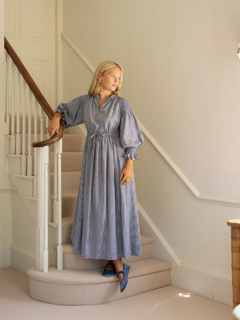 Aloha Wanderwell Dress Navy Houndstooth with Blackberry Hand Smocking