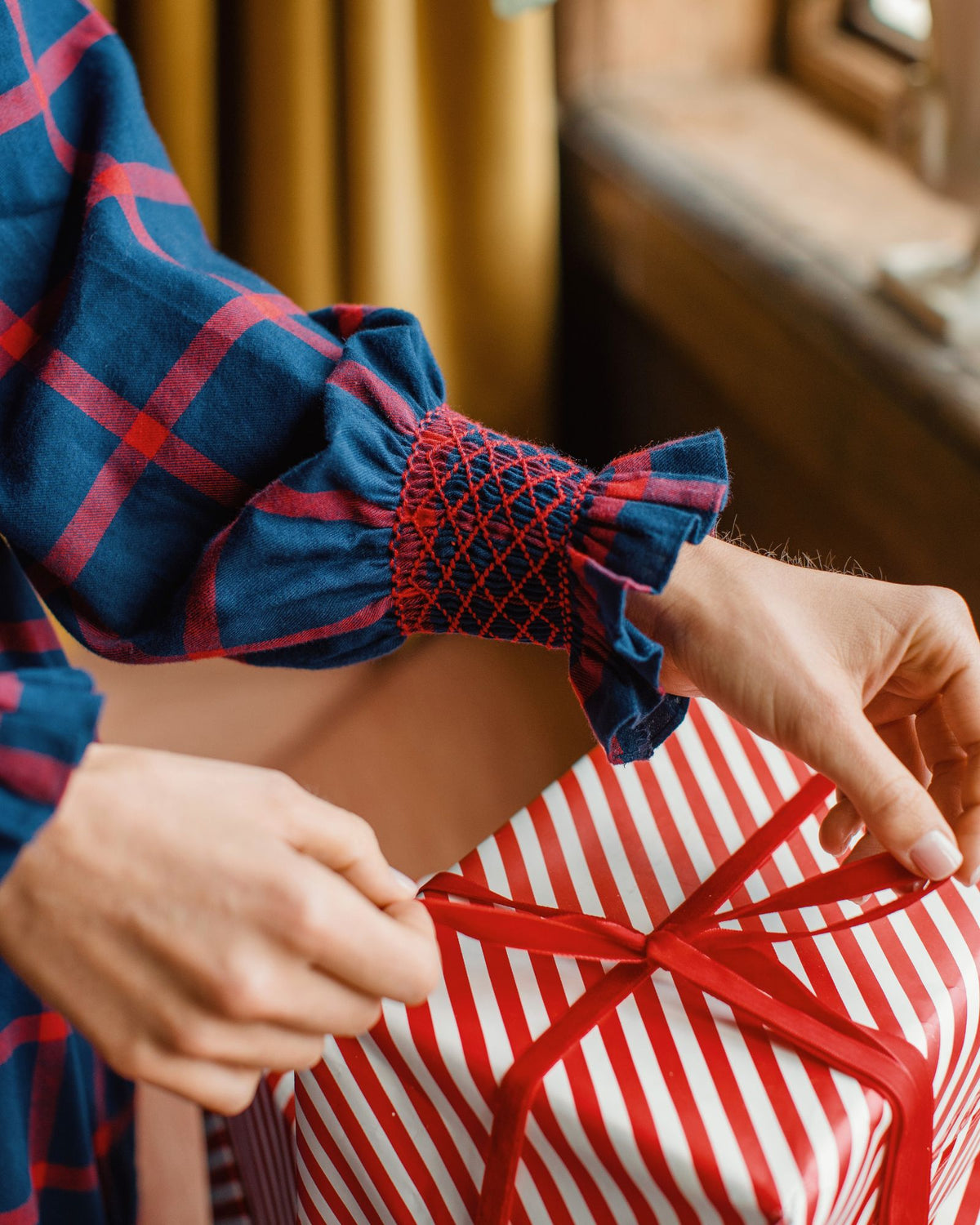 Colette Dress Chelsea Check with Crimson Hand Smocking