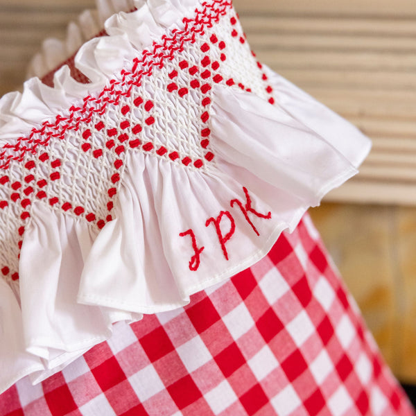 Edit58 x Smock London Red Gingham Smocking with Crimson Ribbon Hand Sm