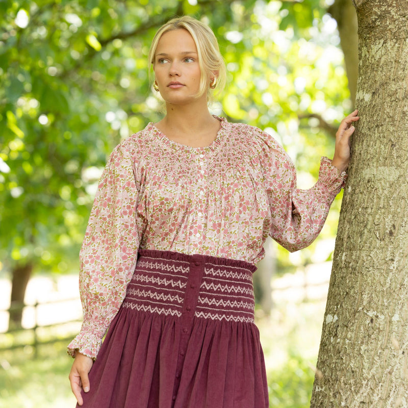 Sullivan Women's Skirt Mulberry Needlecord with Rosehip Hand Smocking