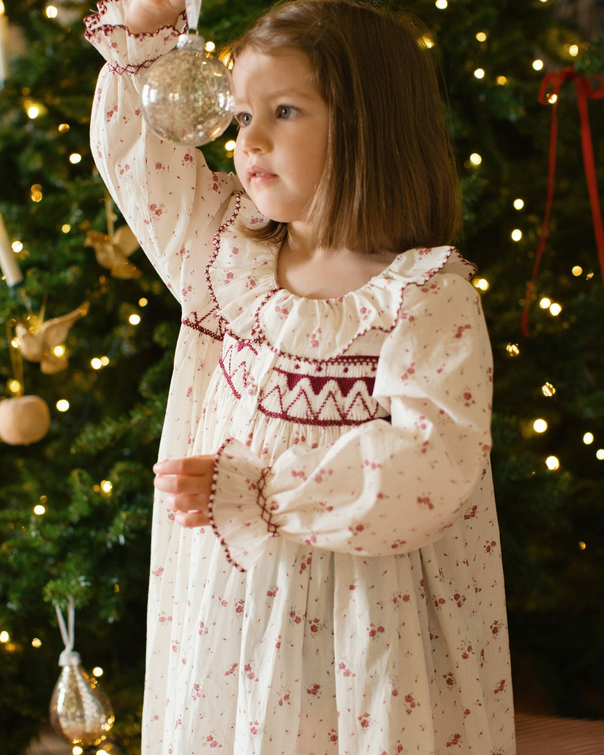 Nightingale Girl's Dress Yuletide Floral with Cranberry Hand Smocking