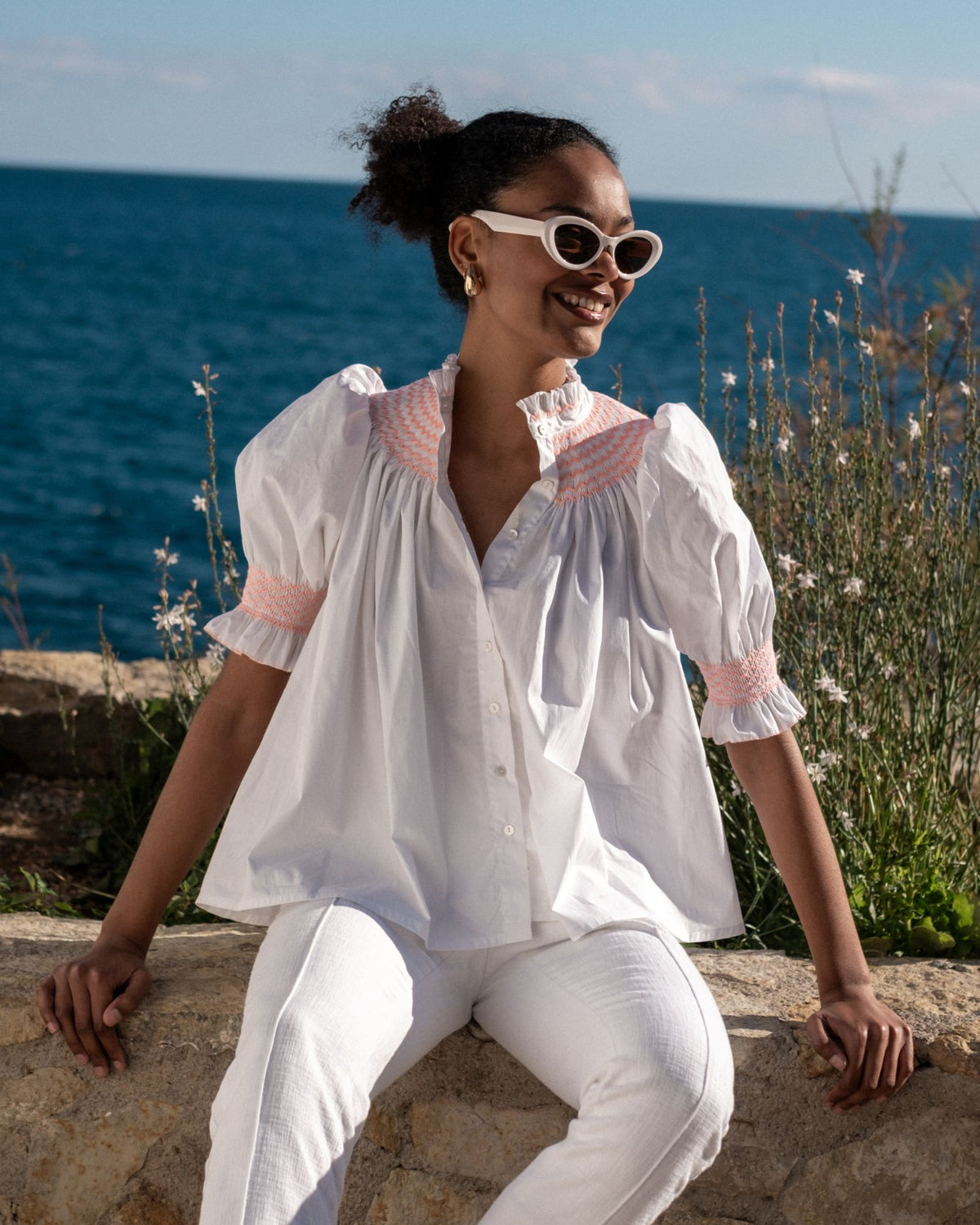 Scholl Women's Summer Blouse White with Coral Hand Smocking