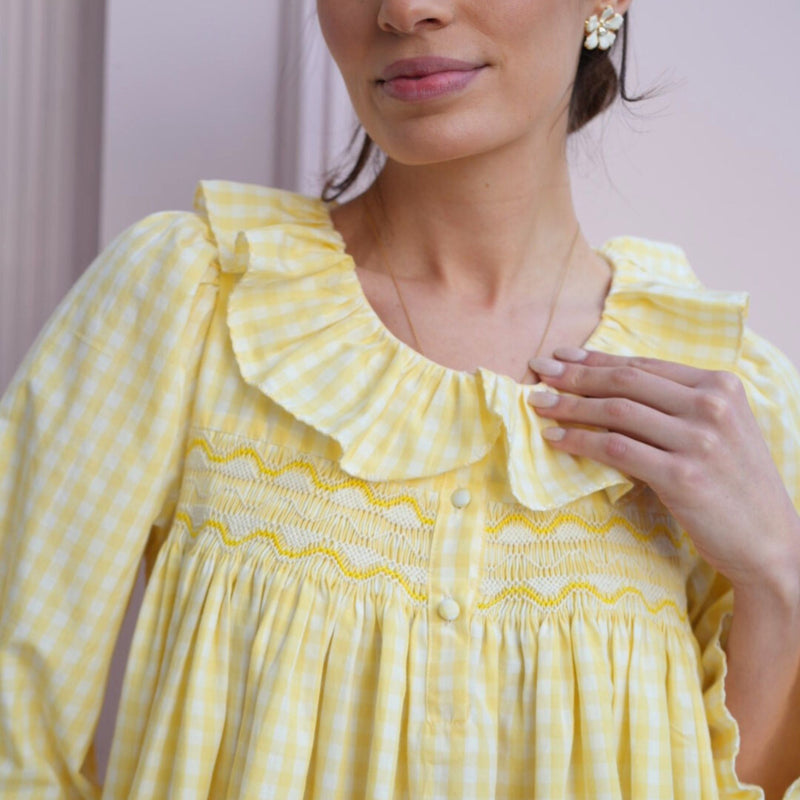 Nightingale Women's Dress Primrose Gingham with Daffodil Hand Smocking