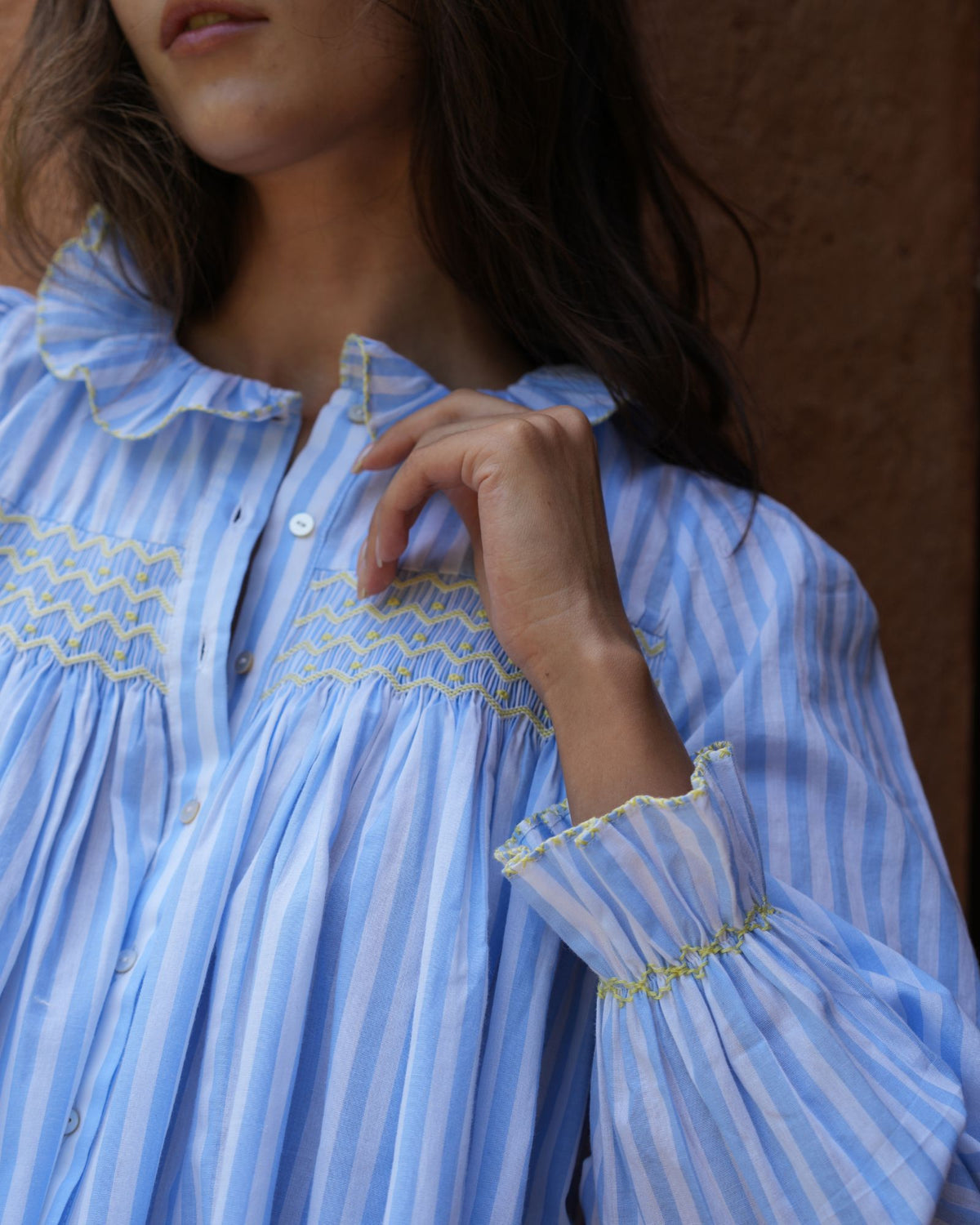 Betsy Fry Blouse Forget Me Not Stripe with Lemonade Hand Smocking  Edition 22
