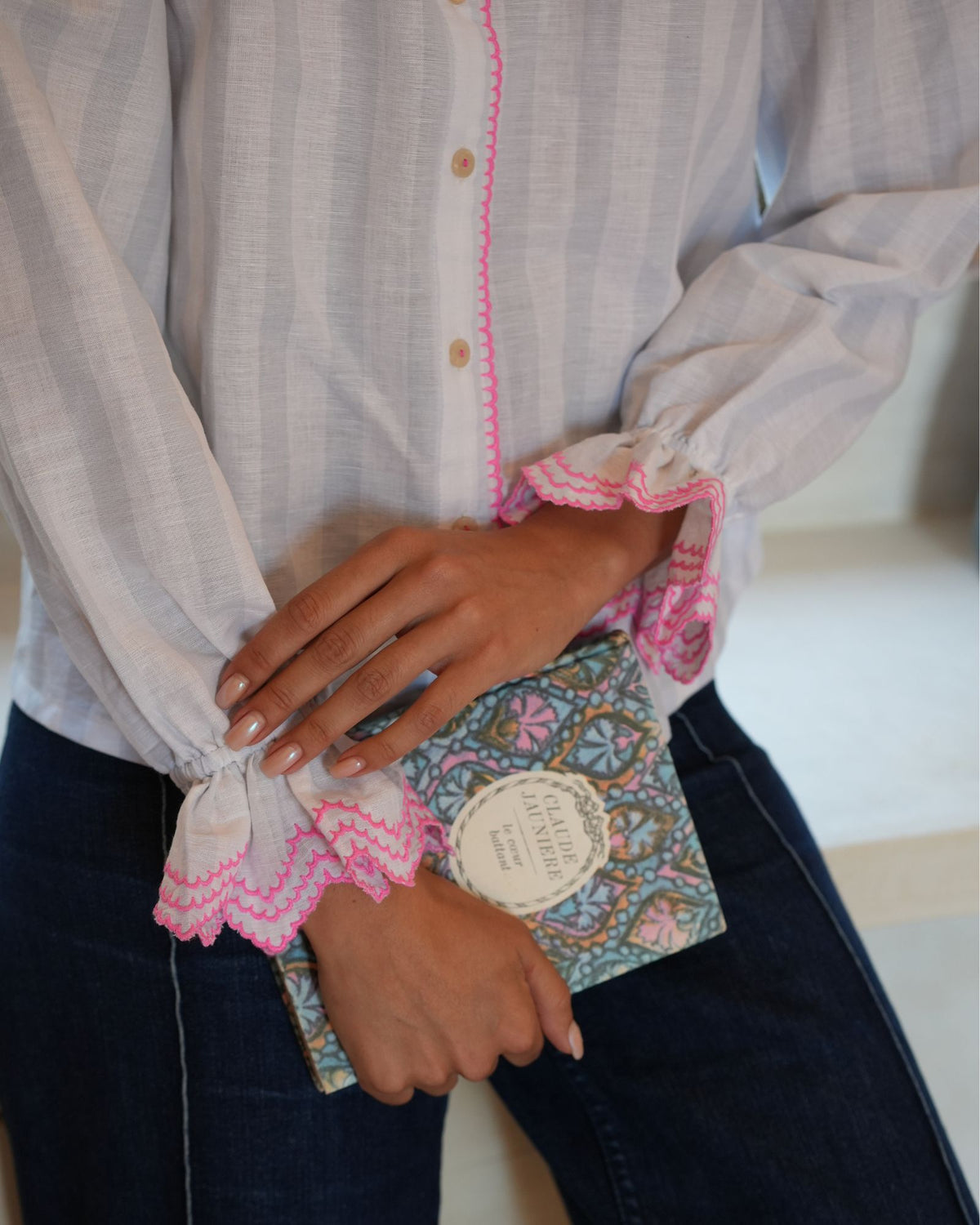 Bronte Blouse Blue Misty Stripe with Pink Fizz Embroidery