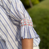 Shelley Blouse Blue Monday Stripe Linen with Paradise Fish Hand Smocking Edition 12