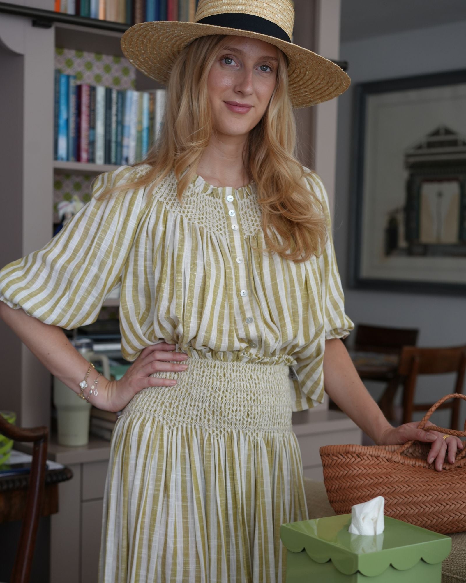 Domenica Marland x Smock London Cleopatra Blouse Pistachio Stripes with Ecru Hand Smocking