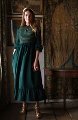 Emmeline Pankhurst Women's Dress Pine Tree Needlecord with Nordic Sparkle Hand Smocking