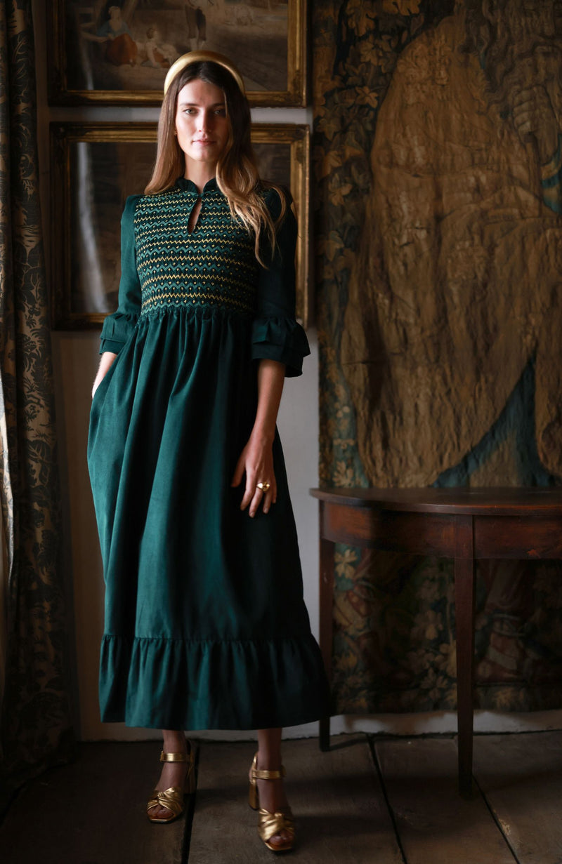 Emmeline Pankhurst Women's Dress Pine Tree Needlecord with Nordic Sparkle Hand Smocking