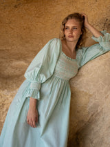 Josefine Butler Dress Kelly Green Seersucker with Cherry Pop Hand Smocking