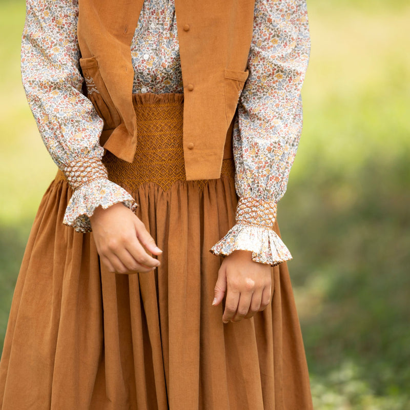 Sullivan Women's Skirt Butterscotch Needlecord with Spiced Vanilla Hand Smocking