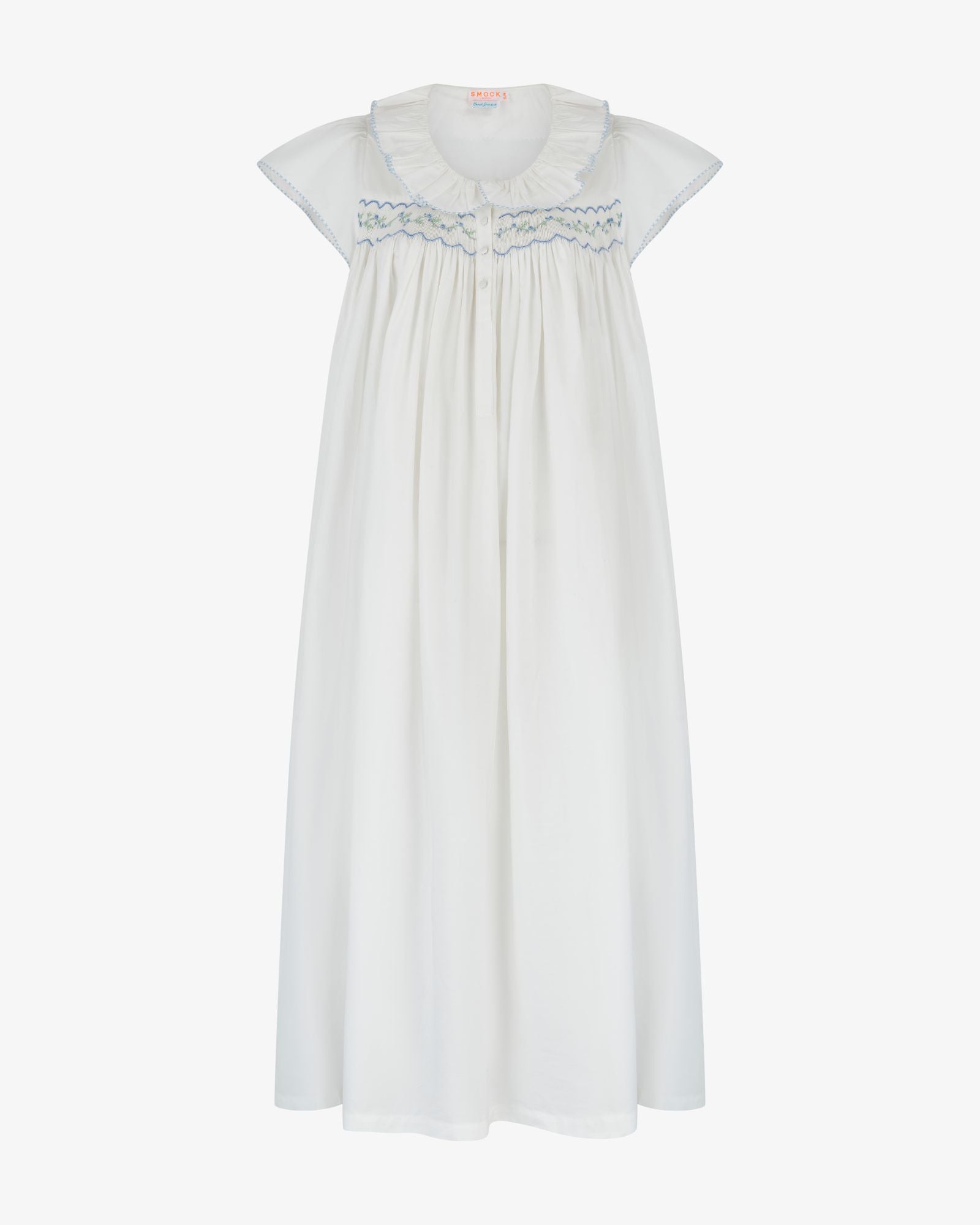 Nightingale Women's Short Sleeve Dress with Blue Blooms Hand Smocking