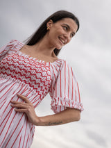 Josefine Butler Dress Aquafresh Stripe with Big Apple Hand Smocking