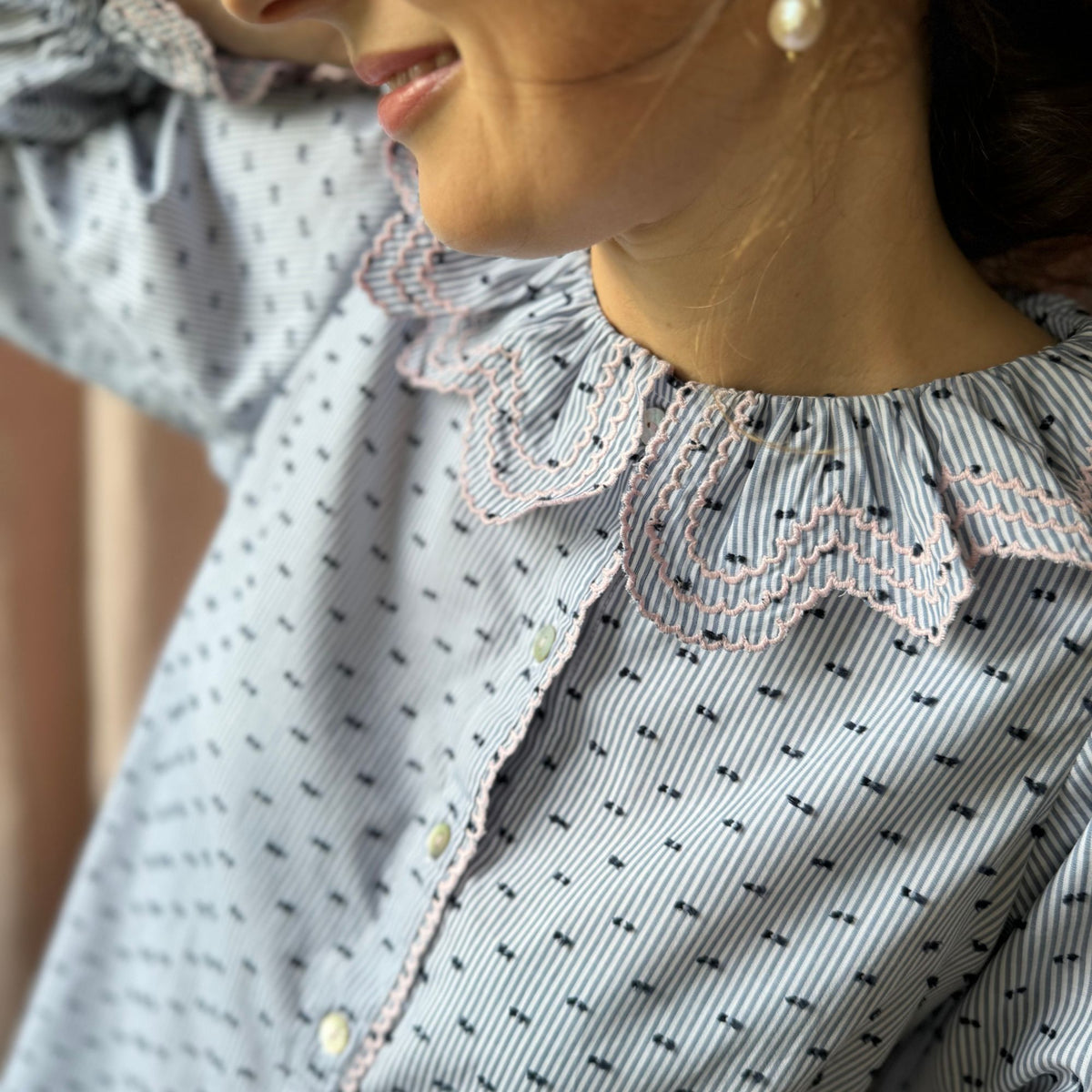 Small Bronte Blouse Indigo Plumetti with Ballet Slipper Embroidery