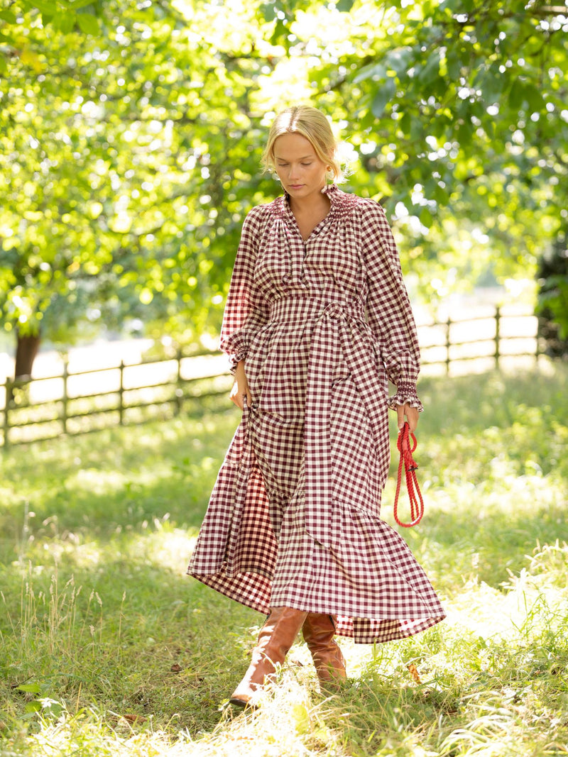 Colette Dress Mulled Wine Gingham Brushed Cotton with Spiced Cinnamon Hand Smocking
