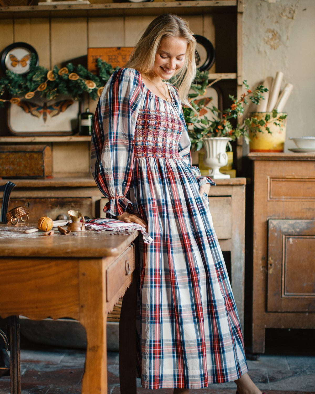 Amelia Earhart Dress Britannia Check with Winter Berry Hand Smocking