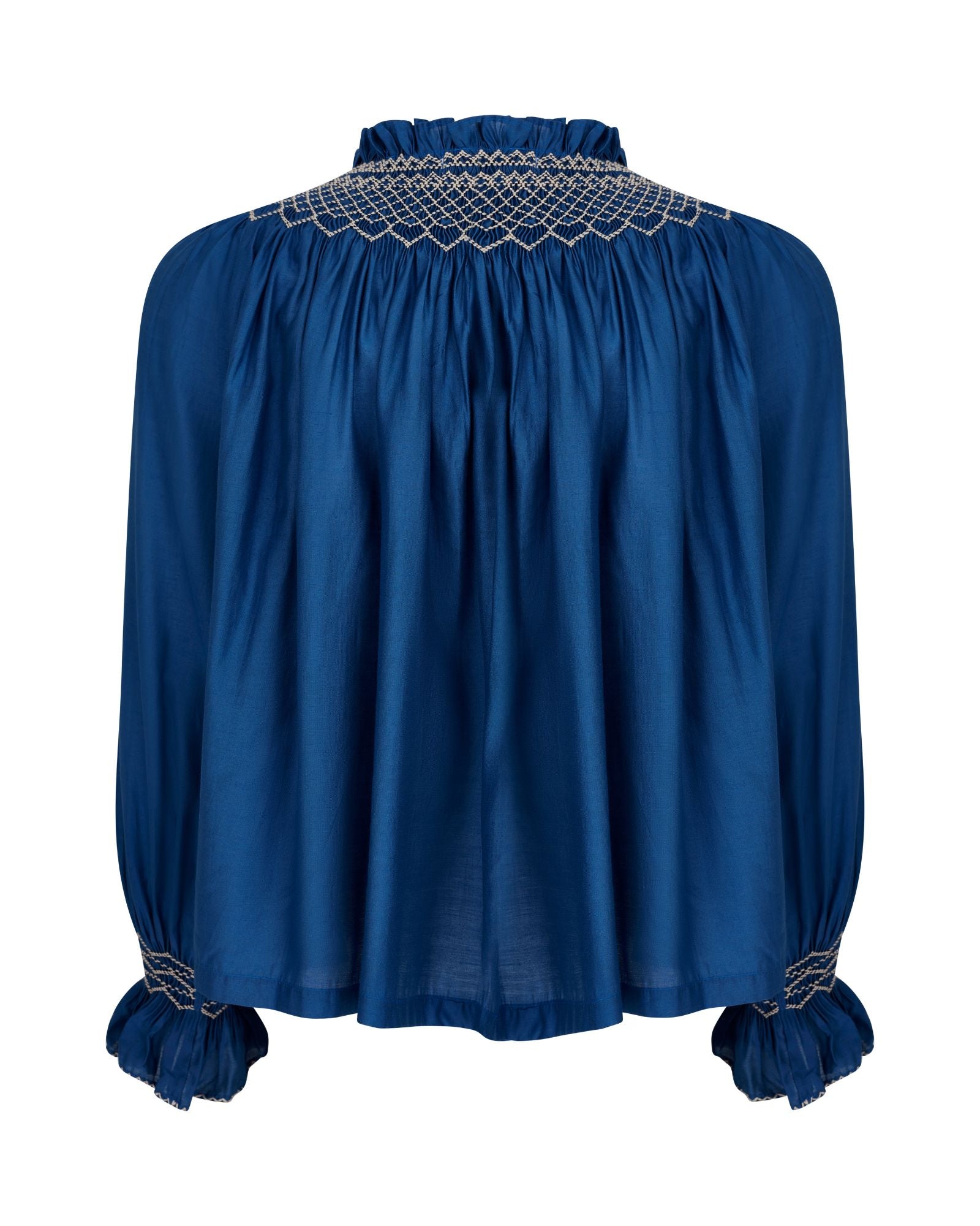 Cleopatra Blouse Cobalt Silk Cotton Sapphire with Vanilla Hand Smocking Edition 33