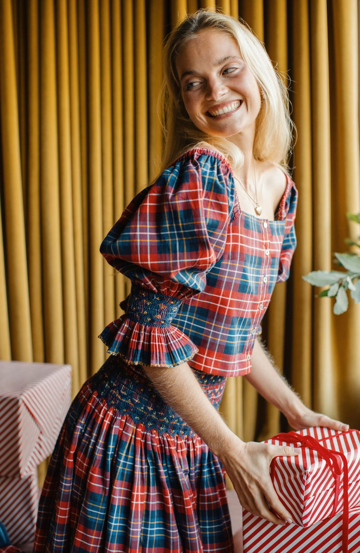 Sullivan Skirt Wallace Tartan with Midnight Sparkle Hand Smocking