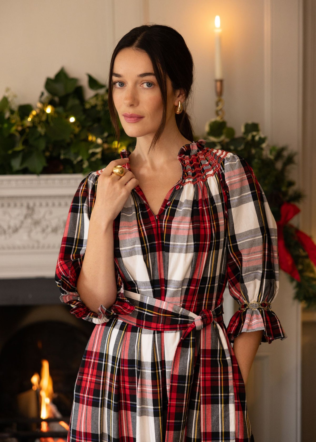 S/M Colette Dress Royal Tartan with Sleigh Bell Hand Smocking