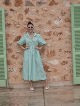 Victoria Woodhull Dress Green Goddess Stripe with Chantilly Hand Smocking