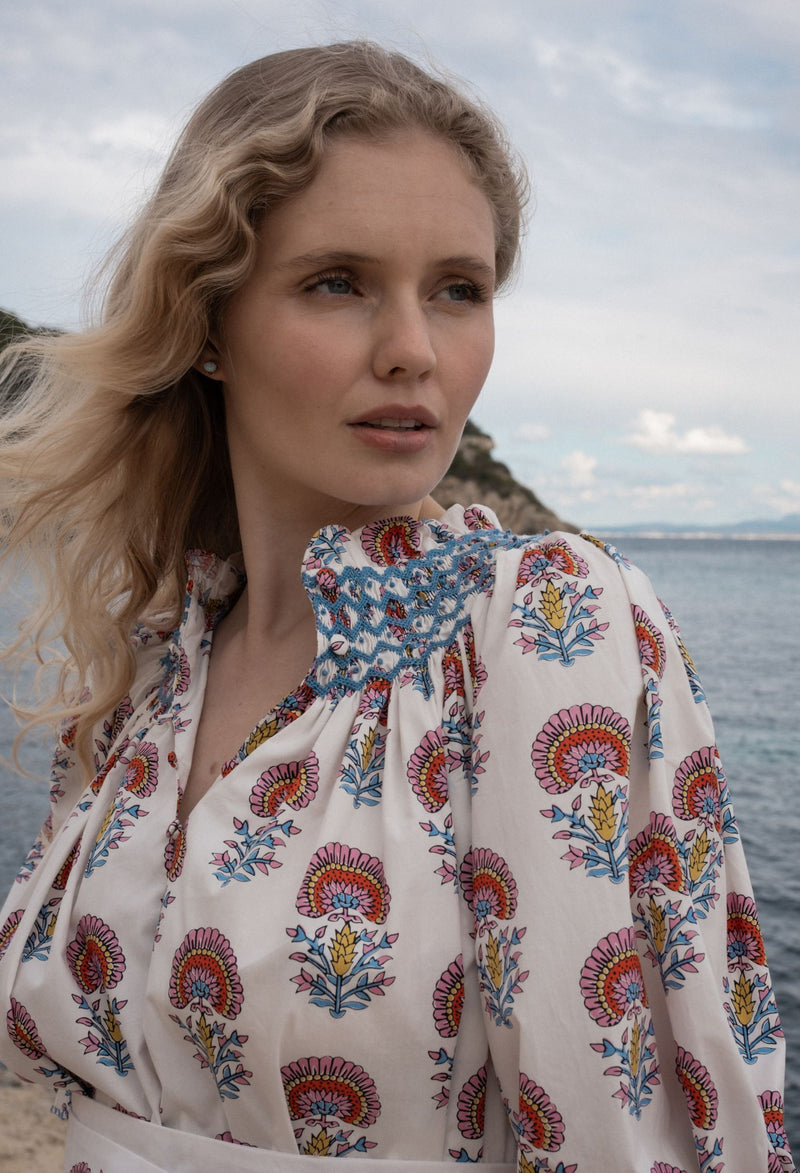 Ada Lovelace Dress Rainbow Marigold with Delft Blue Hand Smocking