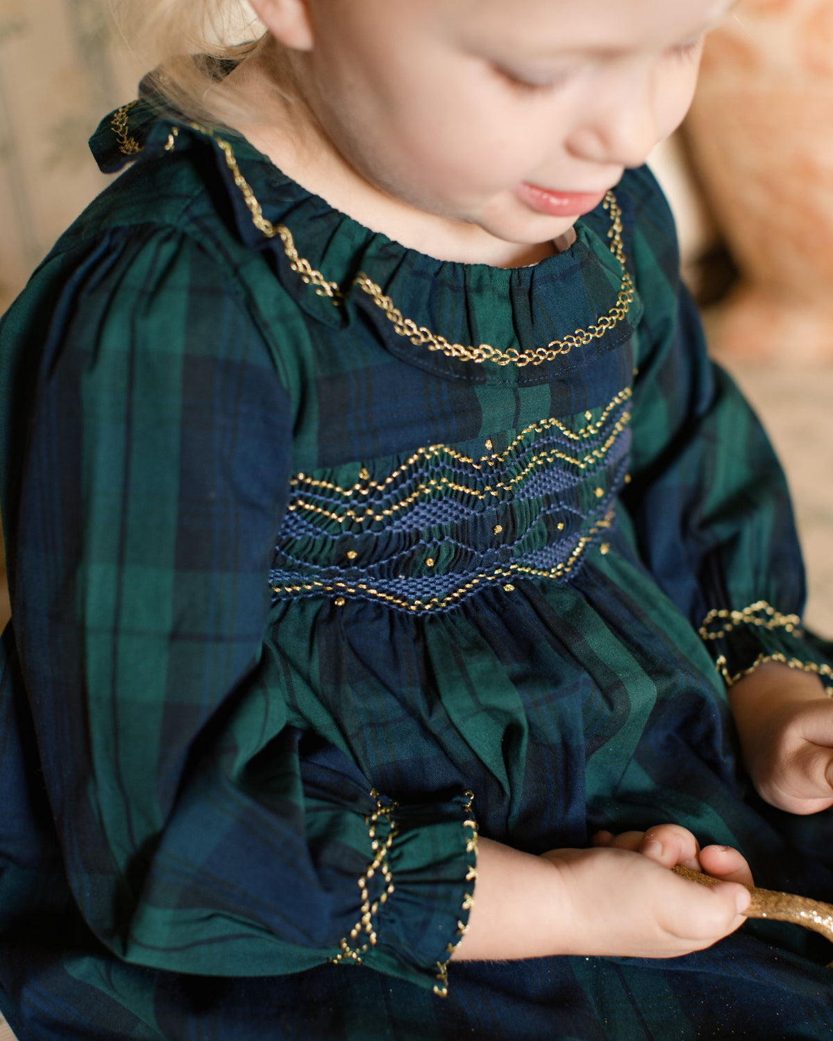 Jane Austen Romper Blackwatch Tartan with Midnight Star Hand Smocking