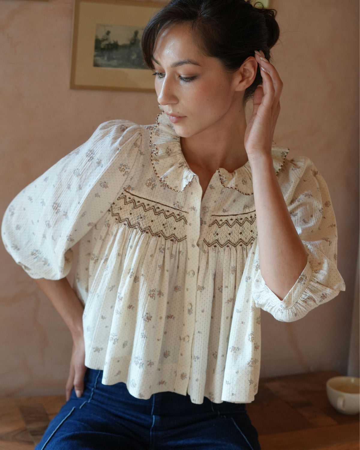 Marie Curie Blouse Tea Posie with Toffee Cream Hand Smocking