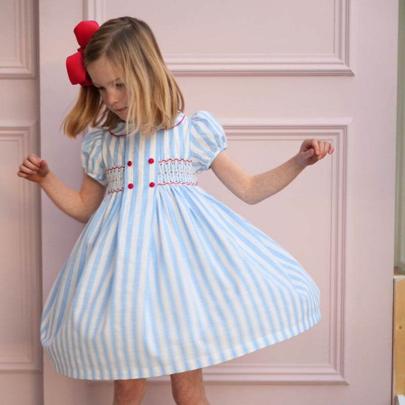 Thatcher Dress Sailor Stripe with White Heart Hand Smocking