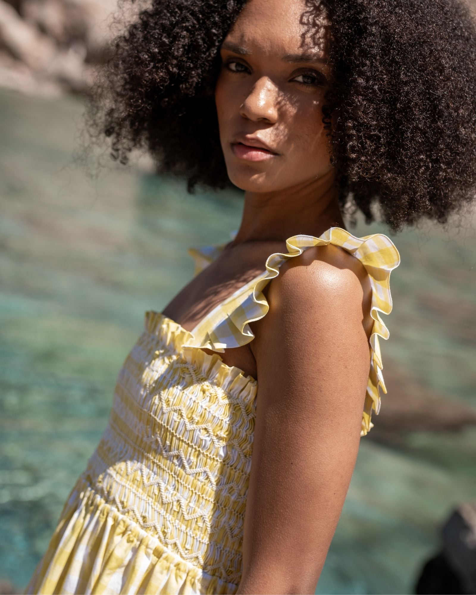Rachel Carson Dress Positano Check with Ice White Hand Smocking