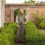 Mary Seacole Women's Skirt Oak Leaf Linen with Moss Hand Smocking