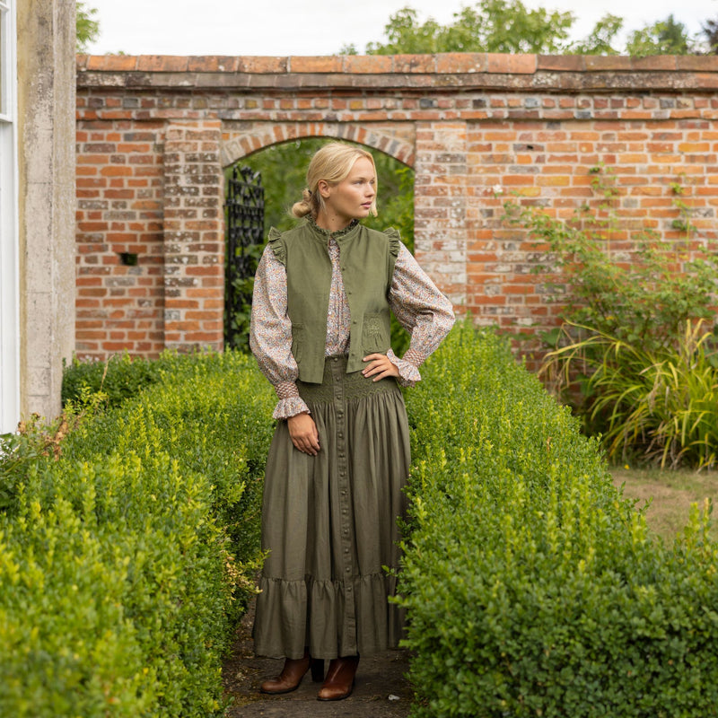 Mary Seacole Women's Skirt Oak Leaf Linen with Moss Hand Smocking