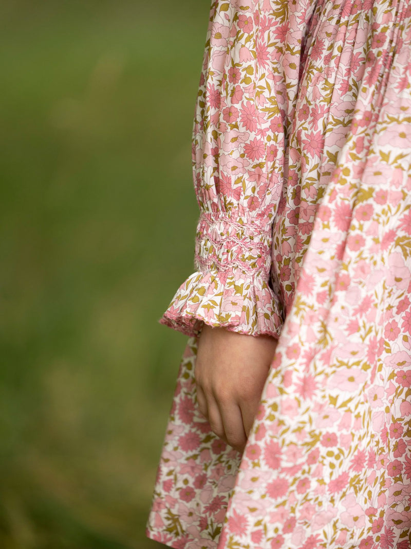 Antoinette Dress with Raspberry Crumble Hand Smocking made with Liberty Poppies & Daisies Fabric