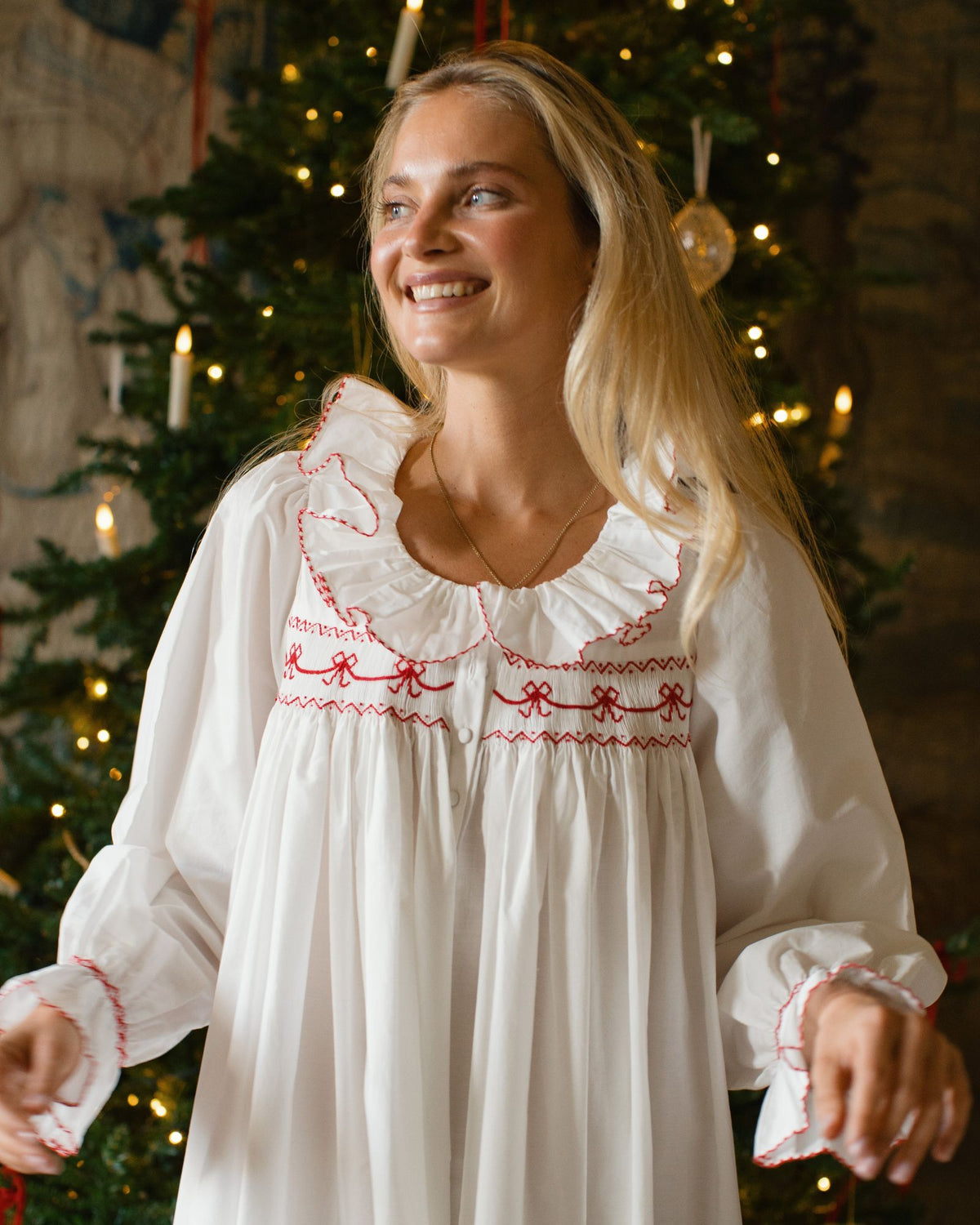 Nightingale Women's Dress Moonstone with Scarlet Bows Hand Smocking