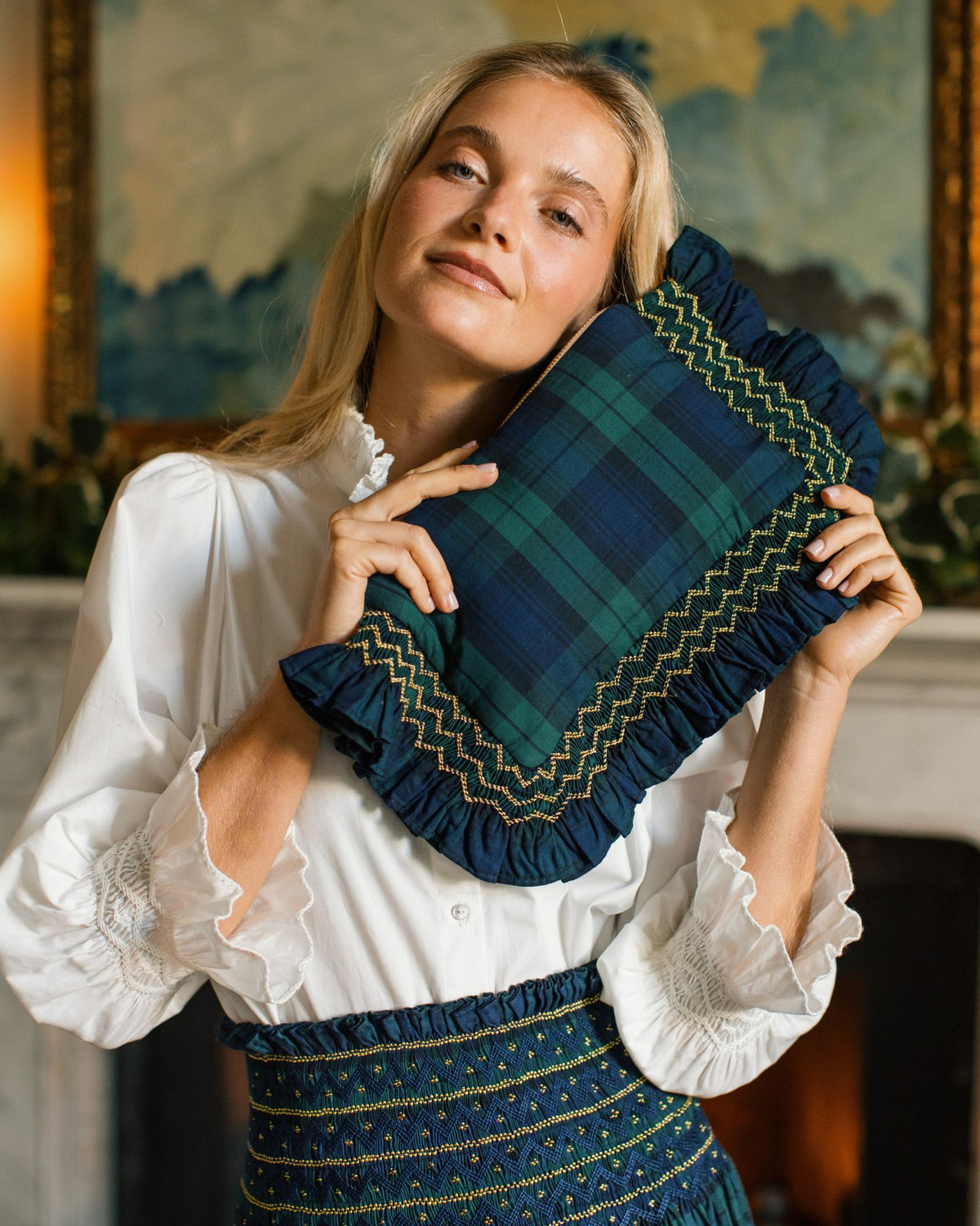 The Dolly Clutch Black Watch Tartan with Midnight Star Hand Smocking
